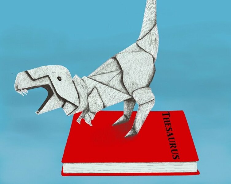 Bild eines Papierdinosauriers, der auf einem Buch steht, das den Titel Thesaurus trägt.